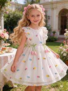 1pc Girls' Summer New Organza Lollipop Embroidered Ruffle Hem Zipper Front Tulip Hem Sweet Cute Casual Princess Dress - Apricot - View 4