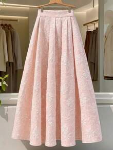 Franclia Summer Pink Floral Elegant Vacation Holiday French Gentle High Waist Embossed Midi Skirt,Pleated Flared A-Line Umbrella Fairy Long Skirts - Pink - View 3