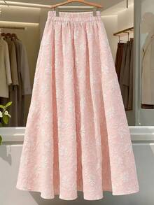 Franclia Summer Pink Floral Elegant Vacation Holiday French Gentle High Waist Embossed Midi Skirt,Pleated Flared A-Line Umbrella Fairy Long Skirts - Pink - View 2