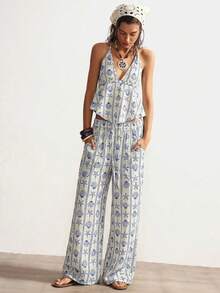 Bohemela Casual Vacation Woven Printed Halter Backless Top & Loose Wide-Leg Pants 2 Pieces Set For Women - Blue - View 7