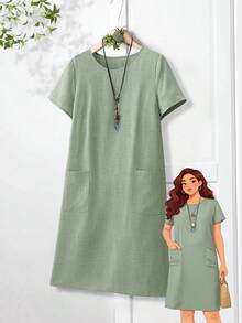 Rusticease Plus Size Casual Solid Color Pocketed Dress, Summer - Green - View 1