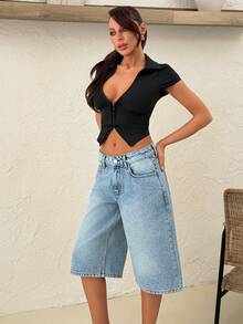 SHEIN WOMEN LOW WAIST STRAIGHT DENIM BLUE JEAN SHORT CASUAL - Medium Wash - View 5