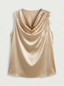 Auralis Plus Size Champagne Summer Elegant Khaki Satin Blouse, Floral Applique Pleated Collar Halter Neck Sleeveless Pullover Top For Party Wedding Prom - Khaki - View 7