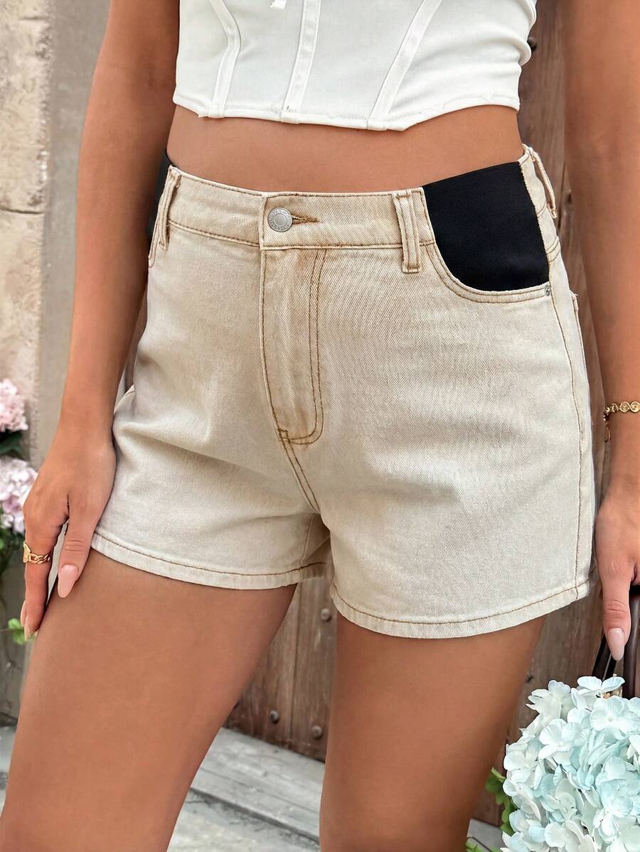 SHEIN Maternity Casual Loose Fit Denim Shorts With Pockets - Apricot - View 1