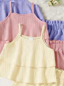 SHEIN Genkimix Kids 3件組女童夏季家庭套裝 條紋雙層荷葉邊細肩帶背心與鬆緊腰短褲，復古春季可愛套裝，適合4-7歲女孩 - 彩色 - 查看 2