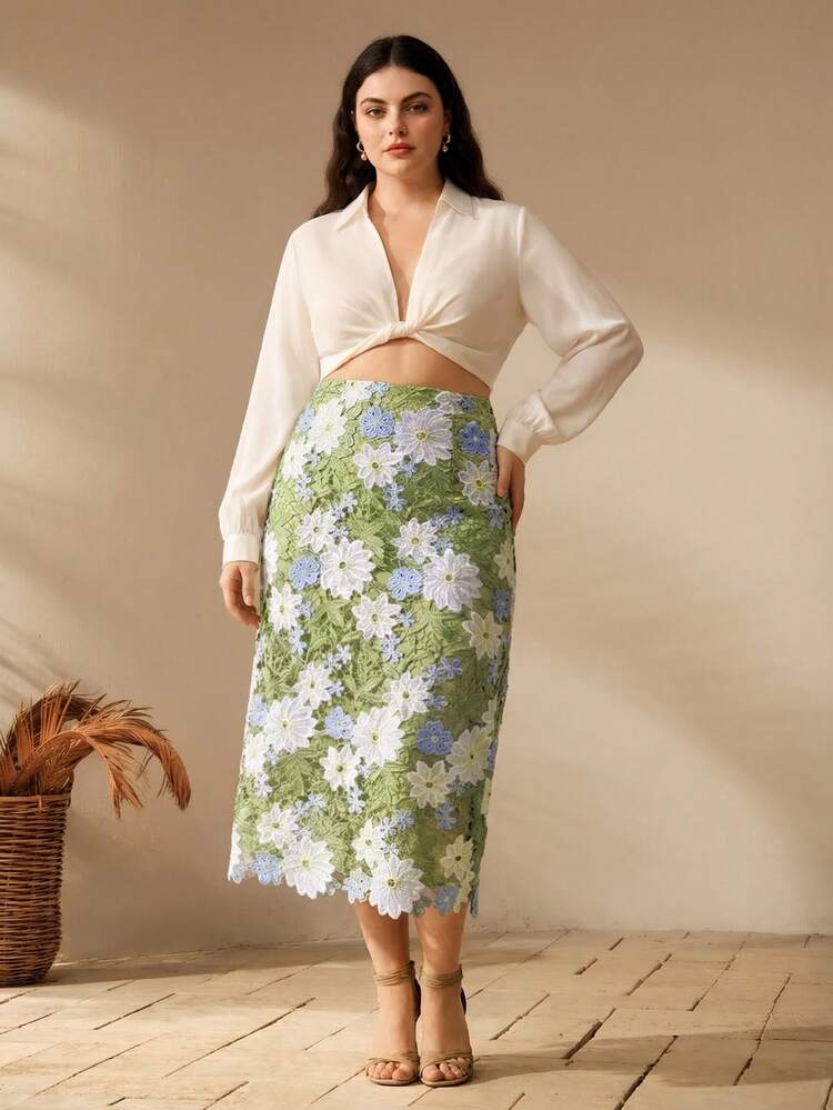 Elegant Romantic Vacation Colorblock Floral Print Slim Fit Hollow Design Comfortable Plus Size Women Midi Skirt