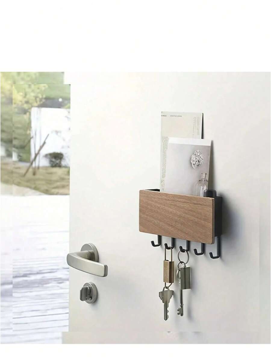 1pc Wall Mounted Key Holder Rack, Wooden Multi-Purpose Storage Organizer - Multicolor - View 1
