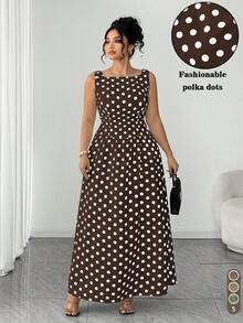 SHEIN Elenzya Elegantes Polka Dot Kleid ohne Ärmel in Große Größen, Sommer - Kaffeebraun - Übersicht 1