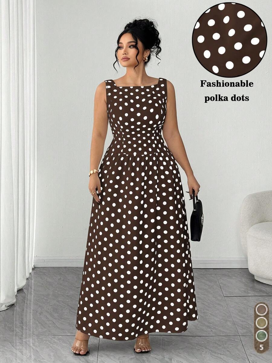 SHEIN Elenzya Elegantes Polka Dot Kleid ohne Ärmel in Große Größen, Sommer - Kaffeebraun - Übersicht 1