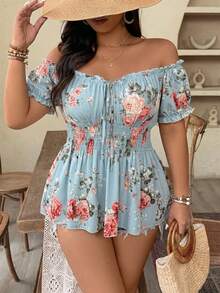 Weeklong Spring/Summer New Plus Size Women's Off-Shoulder Cinched Waist Floral Print Elegant Fashionable Blouse, Suitable For Dates, Travel, Etc. - Baby Blue - View 4