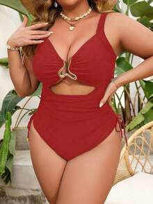 Swim Lushoire Traje de baño de una pieza sexy con espalda hueca de unicolor para mujer de talla grande - Rojo - Ver 4