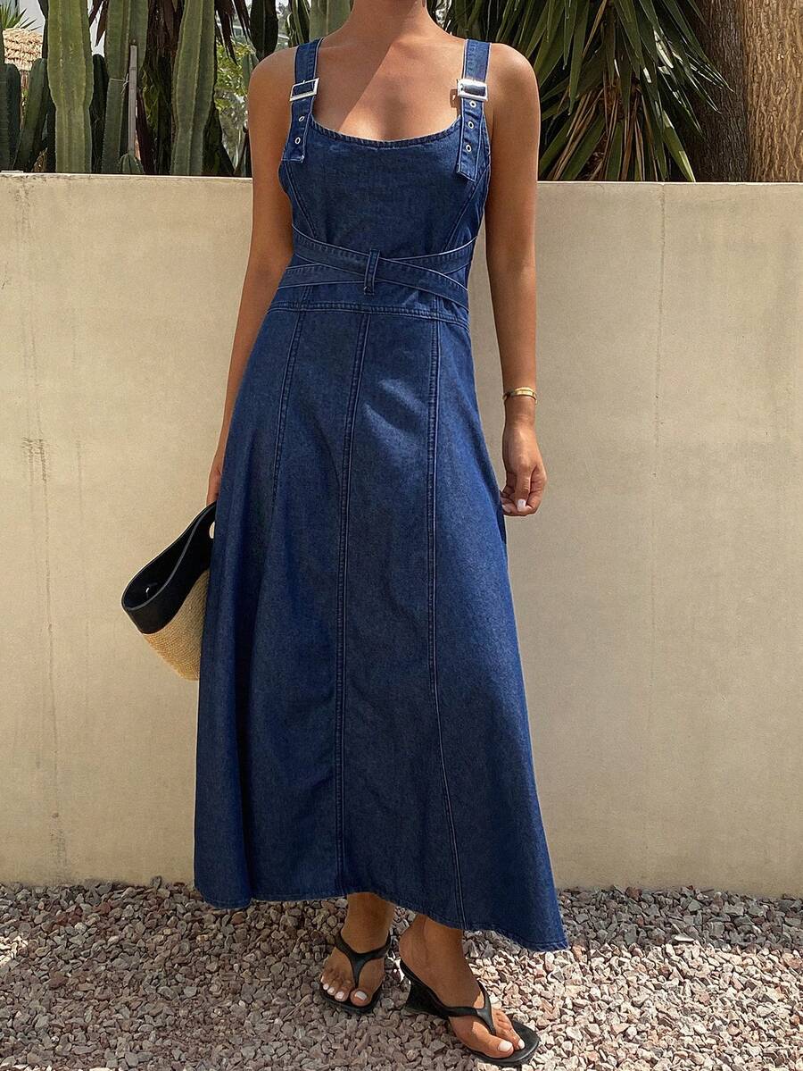 Livesso Đầm liền quần denim nữ kiểu dáng thường ngày cho mùa hè - Màu xanh lam - Xem 1