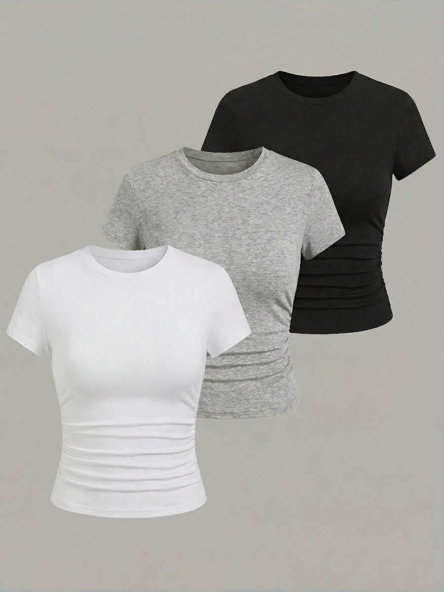 EMERY ROSE Women's Solid Color Round Neck Short Sleeve Casual Versatile Yoga Body Shirts Multipack T-Shirt Fitted Tops,Black And White Summer Everyday - Multicolor - View 1