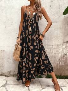 EMERY ROSE Gaun Tanpa Lengan Motif Leopard untuk Wanita, Gaun Liburan Kasual Maxi untuk Pantai - Hitam - View 7