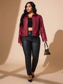 Valentine's Day,Plus Size Women Casual Zipper Front Red Long Sleeve Jacket, For Winter, For Hourglow & Hourglass Body Shape - Burgundy - View 3