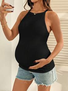 SHEIN 孕妇纯色圆领修身休闲背心，夏季 - 黑色 - 查看 7
