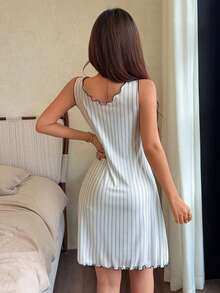 Napfluff Áo ngủ không tay bằng lụa sữa in họa tiết sọc và hoa dành cho nữ, thích hợp cho mùa hè. - Nhiều màu - Xem 2