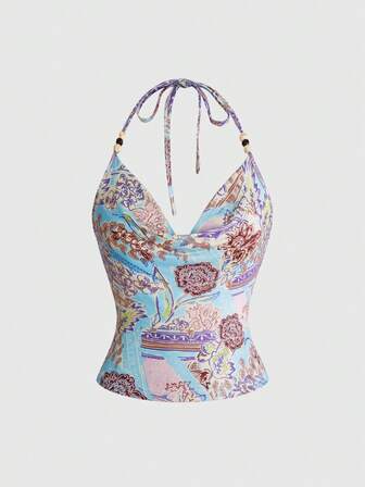 Frühlings- & Sommer-Hippie Retro bedrucktes perlenbesetztes elastisches tailliertes Damen-Trägertop, geeignet für Musikfestivals, Strandurlaube, Valentinstag und andere Anlässe