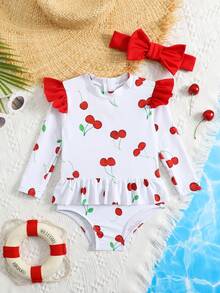 Baby Girl Cherry Print Ruffled One-Piece Swimsuit With Headband - Multicolor - View 3