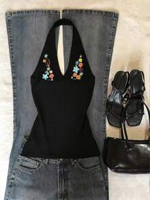 Glimmora Women's Fashionable Floral Embroidery Halter Top, Versatile For Vacation, Beach, And Dates - Black - View 2