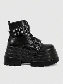 ROMWE Grunge Punk Giày sandal cao gót nữ 2026, kiểu dáng thời trang mới mùa xuân thu, phong cách punk, chất liệu PU tối màu, mũi tròn, khóa kim loại, buộc dây phía trước, gót siêu cao, bốt cưỡi ngựa, bốt ngắn nâng chiều cao cho nữ. - màu đen - Xem 1
