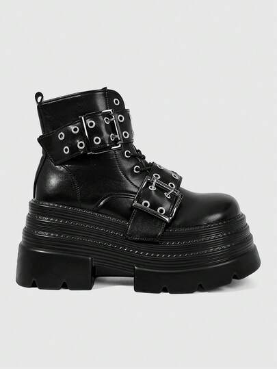 ROMWE Grunge Punk Women Heeled Sandals2026 New Fashion Spring And Autumn Punk Style Dark PU Round Toe Metal Buckle Front Lace-Up Small Super High Heel Riding Boots Women Heightening Locomotive Boots Small Short Boots