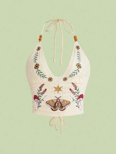 ROMWE Fairycore Áo hai dây dệt kim thêu hình nấm và dây leo phong cách đồng quê cổ điển dành cho nữ