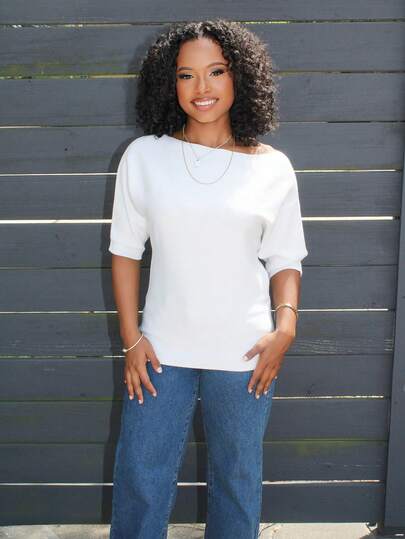 Steph T Áo len cổ thuyền ôm sát tay 3/4 màu trơn thanh lịch dành cho nữ, mùa thu/đông