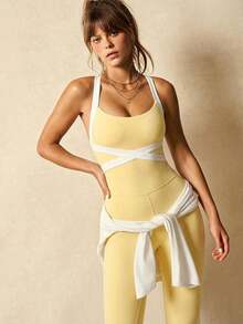 VARSIVA Women's Casual Sports Contrast Stripe Jumpsuit - Mustard Yellow - View 7