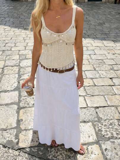 Glamine Charm 女士复古杏色亮片贝壳边饰流苏针织上衣，适合度假、浪漫约会、派对、节日穿着。