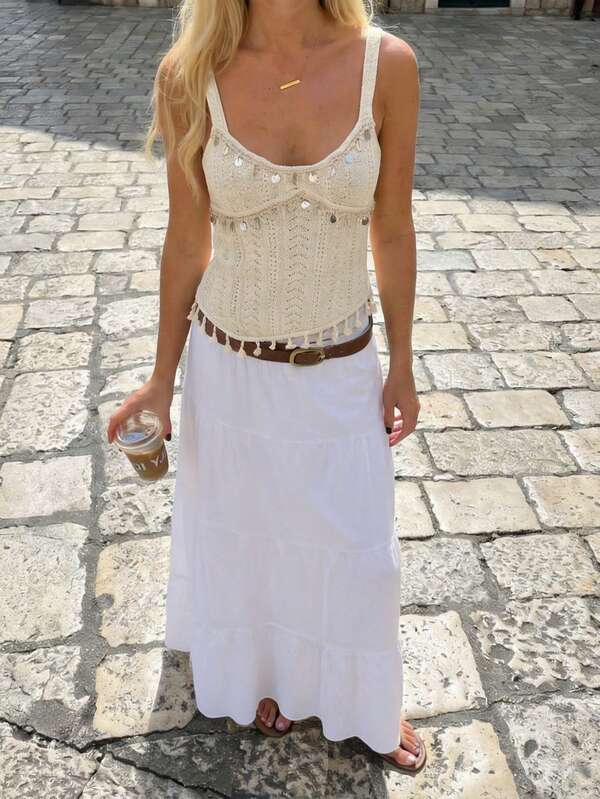 Glamine Charm Áo dệt kim nữ kiểu vintage màu mơ, đính sequin và tua rua ở gấu áo, thích hợp cho kỳ nghỉ, hẹn hò lãng mạn, tiệc tùng, ngày lễ.