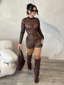 Dayanna Comas Quần short túi bo gấu phong cách đường phố giản dị dành cho nữ - Cà phê nâu - Xem 6