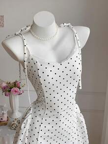 Comfortcana Women's Polka Dot Print Contrast Lace Camisole Mini Dress Vacation White With Black Polka Dots Summer Golf Sexy - Black - View 1