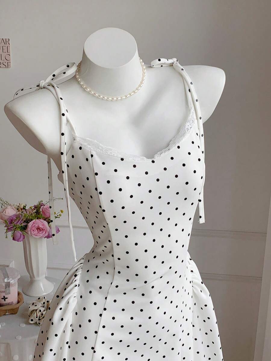 Comfortcana Women's Polka Dot Print Contrast Lace Camisole Mini Dress Vacation White With Black Polka Dots Summer Golf Sexy - Black - View 1