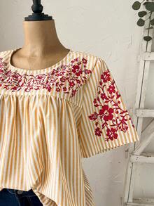 Rusticease Plus Size Women's White Summer Boho Vacation Holiday,Short Sleeve Striped Floral Print Blouse,Spring Round Neck Casual Country Smock Tops - Mustard Yellow - View 7