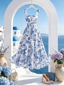 EMERY ROSE Đầm hè mới: Họa tiết Paisley và hoa điều, xanh dương & trắng. Mẫu đầm thời trang mang phong cách nghỉ dưỡng này có kiểu dáng chữ A, thiết kế hở lưng thắt nơ, dây áo mảnh, phong cách bohemian, du mục, đầm hè, đầm dự lễ hội âm nhạc. - Xanh và trắng - Xem 3