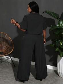 Slaydiva Women's Plus Size Pocket Green Shirt And Casual Pants 2 Pieces Set,Holiday Outfits - Black - View 2
