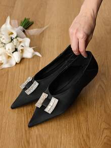 CUCCOO HITCHD Pointed Toe Low Vamp Rhinestone Square Buckle Flat Bottom Comfortable Versatile Fashionable Soft Sole Elegant Fairy Shoes Women's Shoes - Black - View 5