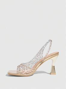 CUCCOO SZL Giày sandal nữ thời trang và quyến rũ, đế dày đính đá, màu vàng nhạt ánh ngọc trai, chất liệu TPU trong suốt, họa tiết đá, mũi vuông, kiểu dáng thoải mái, phù hợp cho các bữa tiệc, đám cưới, các dịp lễ hội, mùa xuân, hè và thu Giáng sinh. - Vàng nhạt - Xem 4