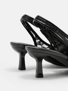 CUCCOO CURVES Giày sandal cao gót mũi nhọn bản rộng, màu đen satin thanh lịch, có quai hậu, phù hợp mọi mùa, thích hợp cho kỳ nghỉ xuân, lễ Phục sinh, Giáng sinh và Ngày Valentine. - Ren đen - Xem 3