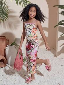 SHEIN 少女度假休闲豹纹印花开衩吊带连衣裙 - 彩色 - 查看 4