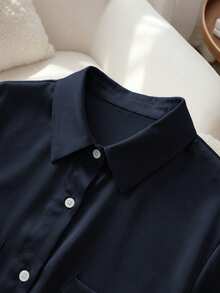 ante y chic francesa, de moda minimalista, tejida, con cuello polo, diseño de bolsillo, manga corta, adecuada para la oficina, la escuela, reuniones, viajes, nueva blusa de verano para mujer - Gris - Ver 8