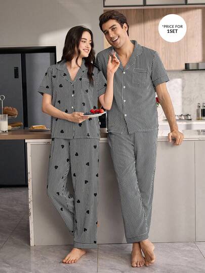 CoupledUp Simple Black & White Striped Lapel Short Sleeve Pants Men's Pajama Set