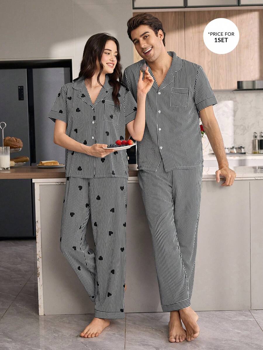 简约黑白条纹翻领短袖男士睡衣套装 - 黑色 - 查看 1