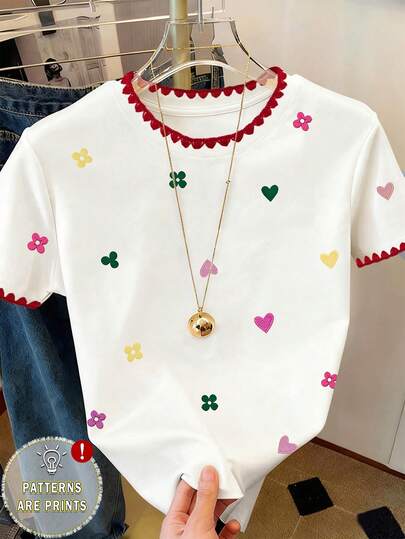 Resyla 女士短袖T恤，女士夏季休闲上衣，小爱心花卉印花图案，荷叶边领，刺绣工艺，优雅设计，日常穿着，白色T恤，学生装，通勤装