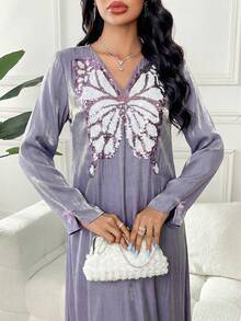 Yasmyna Đầm nữ cổ chữ V họa tiết bướm, kiểu dáng Ả Rập, thích hợp cho các buổi tiệc tùng, dạo phố hoặc các hoạt động thường ngày. - Màu tím - Xem 3