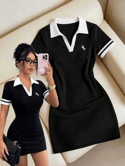 Elenzga Vestido elegante y de moda para primavera/verano, con diseño inspirado en deportes y bordado de patrón de caballo, diseño de bloques de color en negro y blanco, cuello con solapa, manga corta, vestido mini ajustado, adecuado para citas, San Valentín, fiestas, vacaciones, ir al trabajo