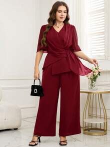 SHEIN Clasi Plus Size Women V-Neck Pleated Top And Wide Leg Pants Casual 2 Pieces Set - Burgundy - View 5