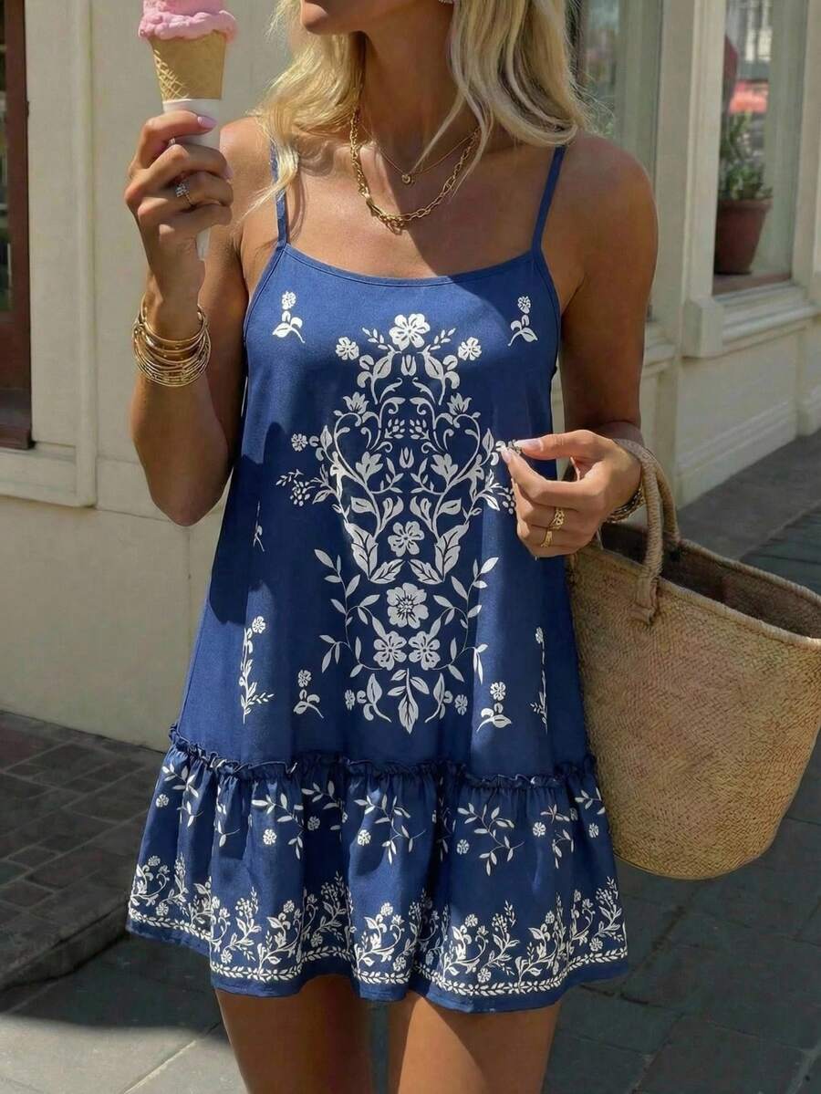 SHEIN EZwear 提花印花女士吊带连衣裙 - 寶藍色 - 查看 1