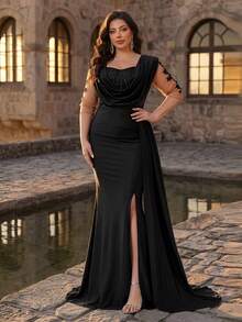 Aureia Plus Size Elegant Black Formal Evening Dress For Spring Luxurious Sequin Applique Satin Plunging Draped Neck 3/4 Sleeve Ruched Mermaid Hem Gown - Black - View 8